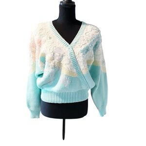 1980s Vintage Pastel Blue Soft Girl Beaded Women's Sweater Size Large